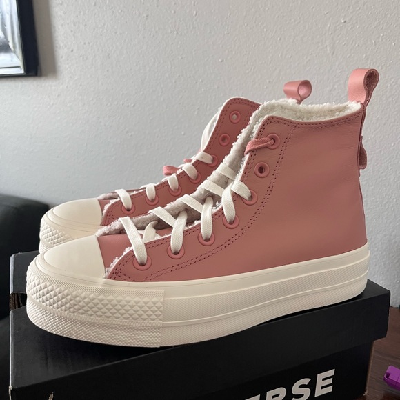 NWT Women's Converse Lift Hi leather sneakers with sherpa inside - Pink -A04256C - Picture 7 of 10
